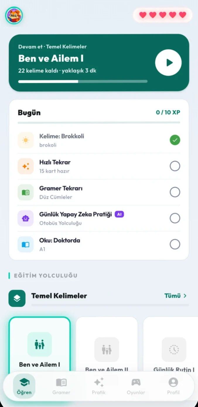 DeutschGo Learn screen: today's tasks and the learning path